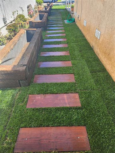 Finished wood stepping-board path surrounded by green sod